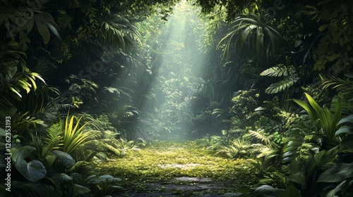 Fototapeta Naklejka Na Ścianę i Meble -  Lush forest path illuminated by sunlight filtering through dense foliage in a tranquil, green environment