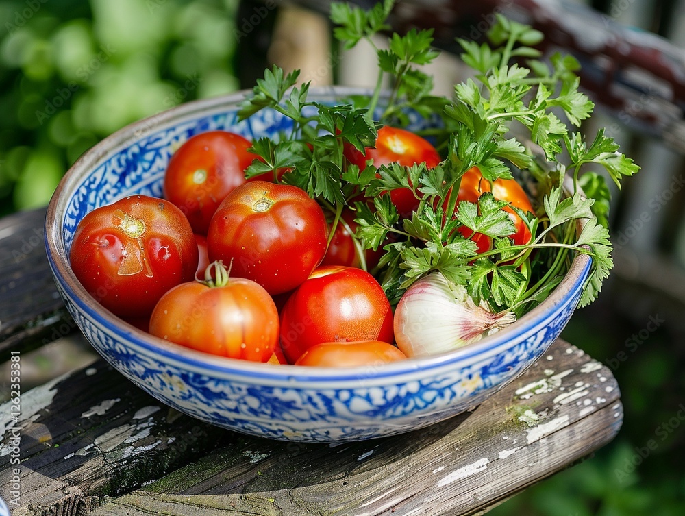 Tomatoes onions and parsley in a bowl Tomatoes onions and parsley in a bowl