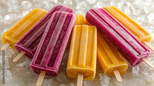 Colorful frozen fruit pops arranged on ice at a summer gathering for refreshi...