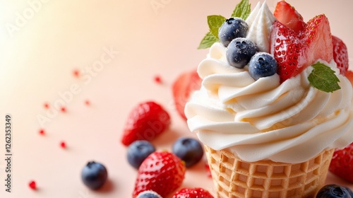 Delightful ice cream cone topped with berries and mint amidst pink blossoms i...