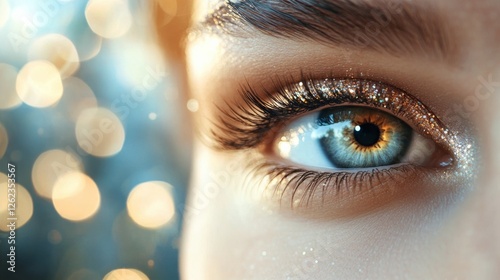 Sparkling blue eye with glitter makeup reflecting light in a vibrant setting