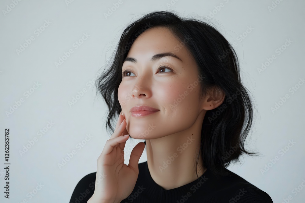 Contemplative Beauty: A young woman with dark hair and flawless skin gazes thoughtfully off-camera, her hand gently resting on her chin. Contemplative Beauty: A young woman with dark hair and flawless skin gazes thoughtfully off-camera, her hand gently resting on her chin.