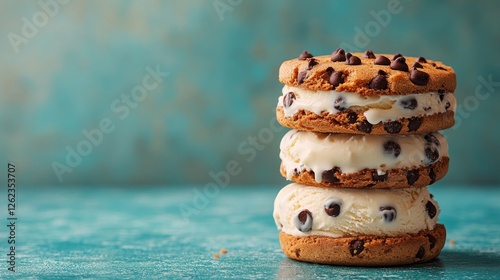 Delicious chocolate chip cookie ice cream sandwiches stacked on a turquoise b...