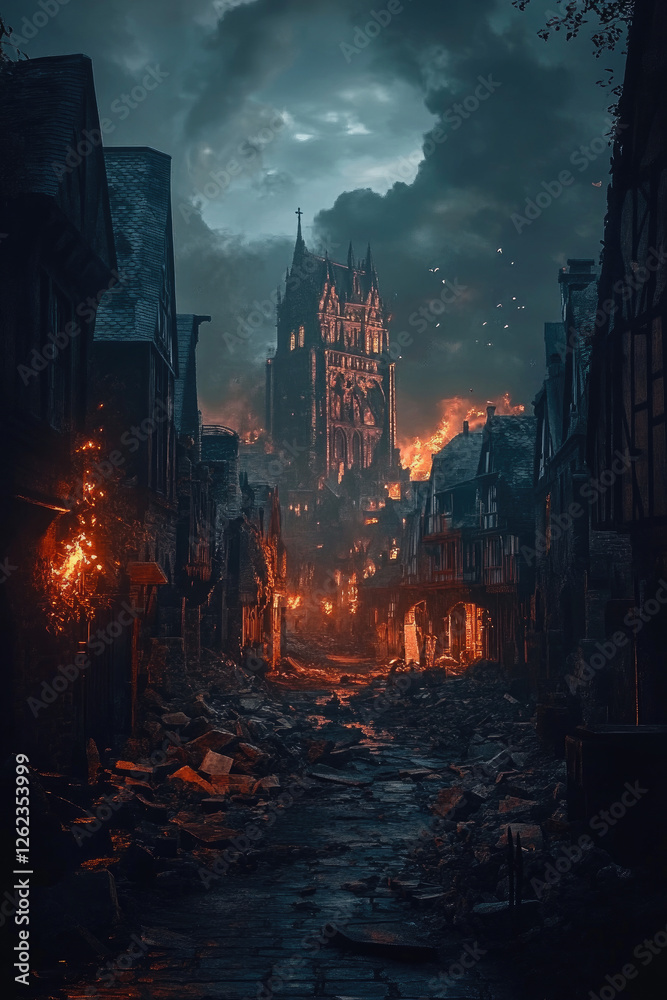 Obraz premium Ruined medieval town street at night, fire, tower