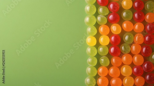 Colorful assortment of fruit-flavored candies scattered on a vibrant green ba...