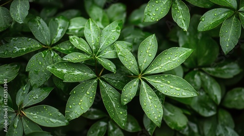 Dewdrops glisten on lush green leaves in a vibrant forest during early mornin...