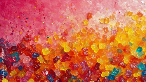 Colorful gummy bears create a vibrant display against a pink and orange backg...