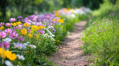Vibrant wildflower path in a serene garden during sunny spring day