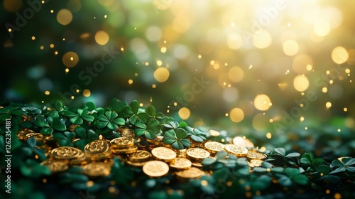 Celebration of St Patrick's Day with gold coins and clovers in a glowing atmo...