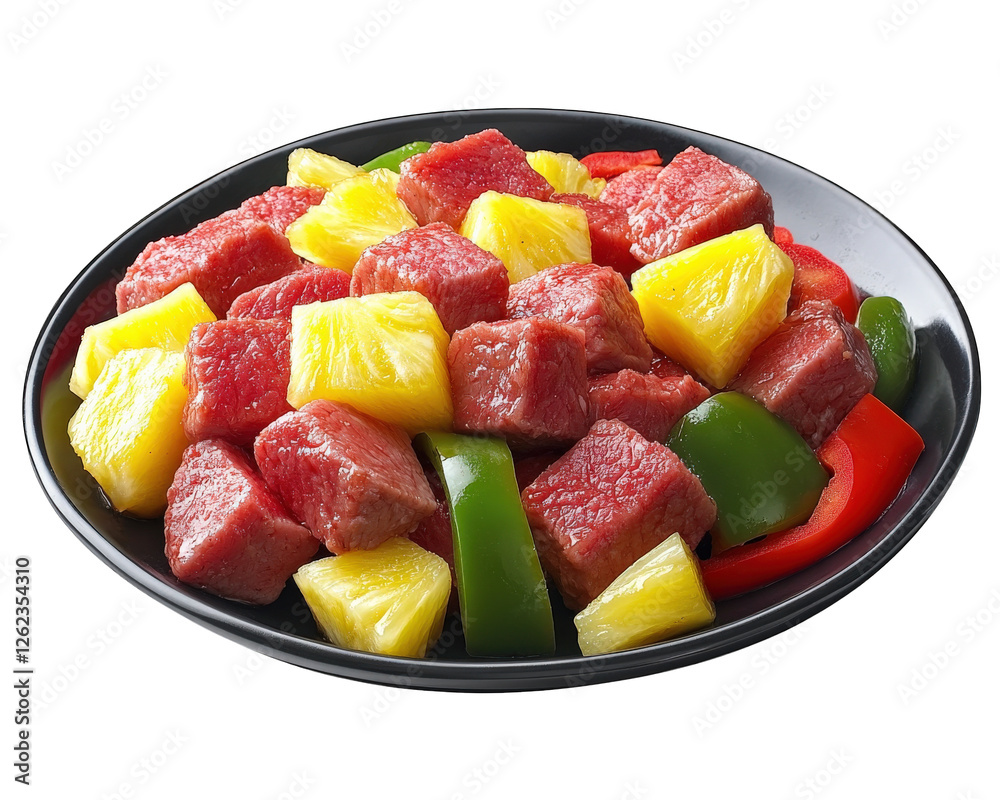 Delicious plate of sweet and sour pork with pineapple and bell peppers, showcasing vibrant colors and fresh ingredients. Perfect for flavorful meal Delicious plate of sweet and sour pork with pineapple and bell peppers, showcasing vibrant colors and fresh ingredients. Perfect for flavorful meal