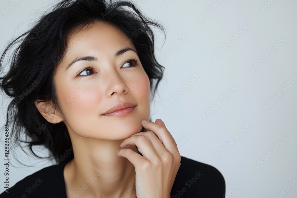 Serene Reflection: A beautiful Asian woman with dark hair gazes thoughtfully upward, hand gently resting on her chin, evoking a sense of calm contemplation and inner peace. Serene Reflection: A beautiful Asian woman with dark hair gazes thoughtfully upward, hand gently resting on her chin, evoking a sense of calm contemplation and inner peace.