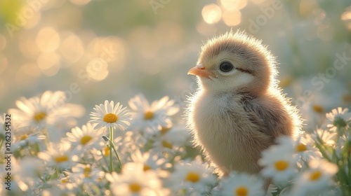Small chick standing in a field of white flowers during a sunny afternoon