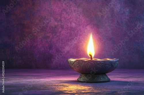 Beautiful candle with flame surrounded by purple flowers in a serene nighttim...