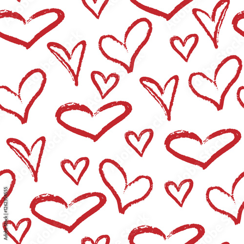 Crayon drawn cute hearts seamless pattern. Charcoal doodle hearts wallpaper. Grunge style, pencil drawings. Modern romance print for textile, paper, packaging, design, vector graphics