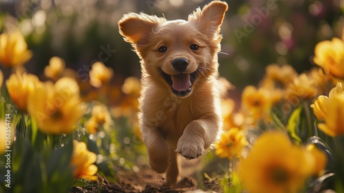 Happy puppy runs joyfully through a colorful flower garden on a bright sunny day