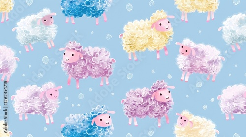 Pattern with cute cartoon sheep on a blue background.