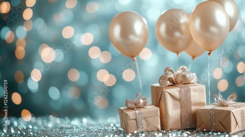 Colorful party balloons and wrapped gifts amidst falling snowflakes create a ...