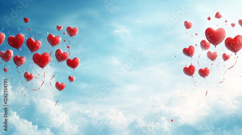 Red heart balloons floating against a bright blue sky with fluffy clouds duri...