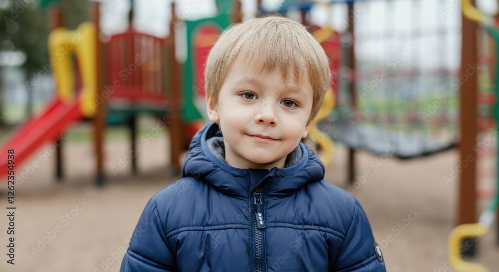 Young caucasian boy in blue jacket at playground Young caucasian boy in blue jacket at playground