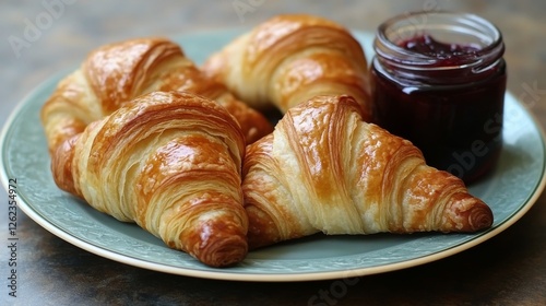 Freshly baked croissants served with fruit preserve and flowers on a rustic t...
