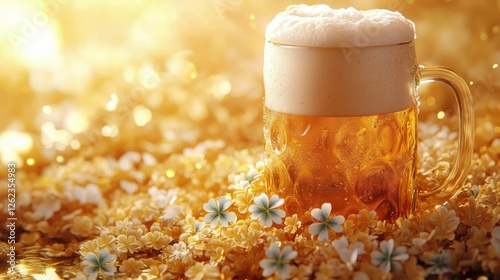 Refreshing mug of beer surrounded by fresh clovers in a sunlit meadow during ...