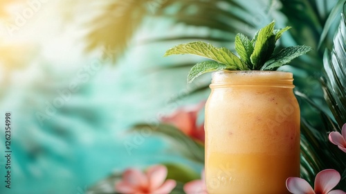 Refreshing tropical smoothie with mango and raspberries in vibrant setting
