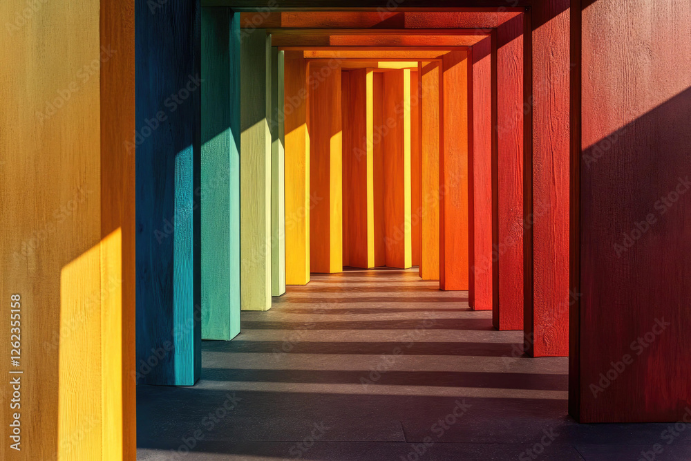 Vibrant Rainbow Colored Wooden Pillars Creating a Stunning Architectural Passageway Vibrant Rainbow Colored Wooden Pillars Creating a Stunning Architectural Passageway