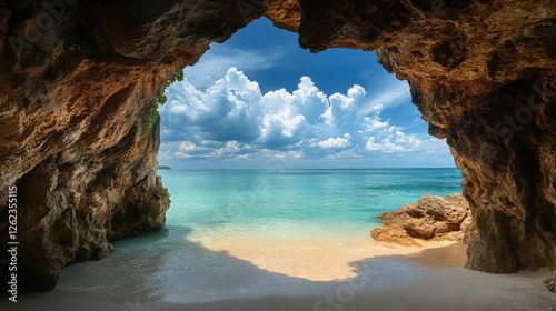 Stunning ocean view through a natural rock arch at a tranquil beach during a ...