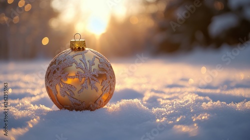 Golden ornament resting in soft snow during winter sunset with blurred festiv...