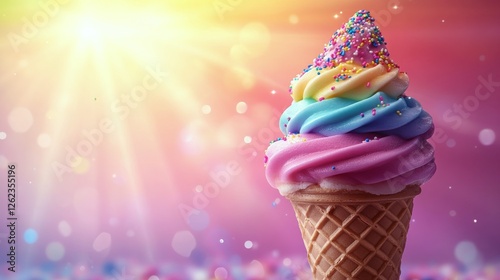 Colorful ice cream cone with rainbow sprinkles against a vibrant bokeh backgr...
