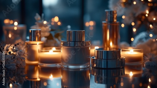 Relaxing spa setup with candles and essential oil bottles in a tranquil envir...