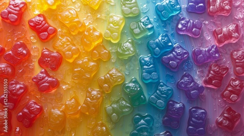 Colorful gummy bears arranged in a vibrant rainbow pattern on a shiny surface