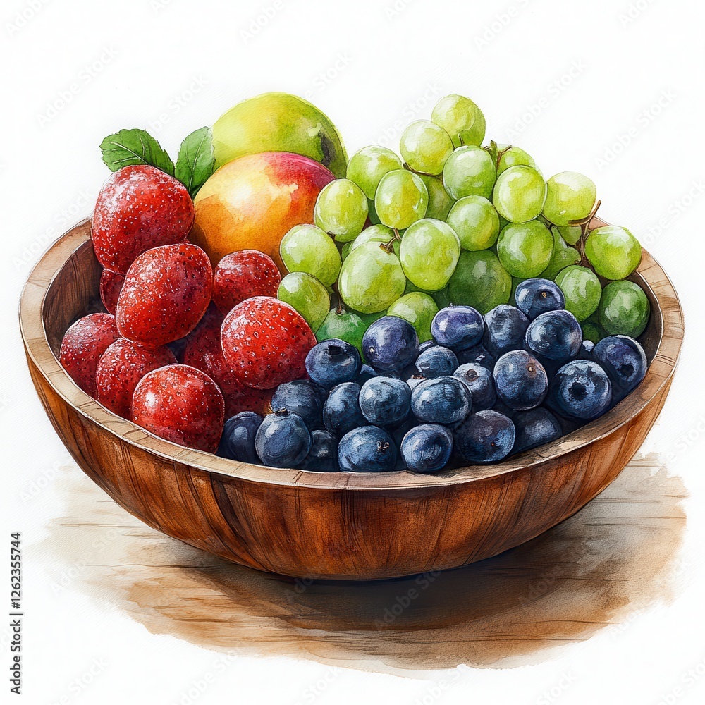Colorful Fresh Fruit Arrangement In Wooden Bowl Colorful Fresh Fruit Arrangement In Wooden Bowl