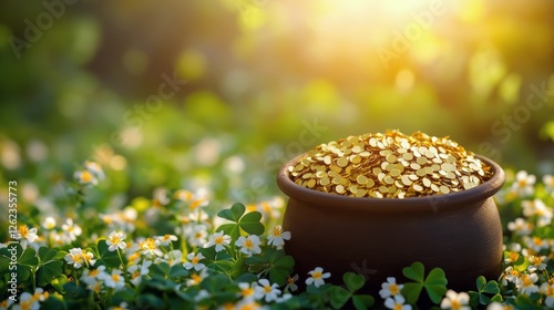 Pot of gold surrounded by clovers and flowers in a sunlit meadow during sprin...