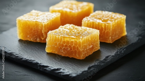 Honeycomb stacks on a dark stone surface against a rustic backdrop