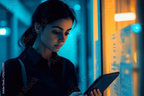 Hispanic professional business woman looking at tab and using app. European businesswoman CEO holding digital tablet working fintech application standing at workplace in office.