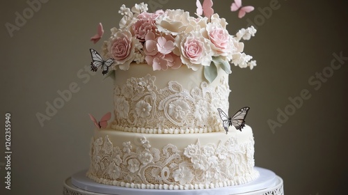 Elegant three-tiered cake decorated with flowers and butterflies in a cozy in...