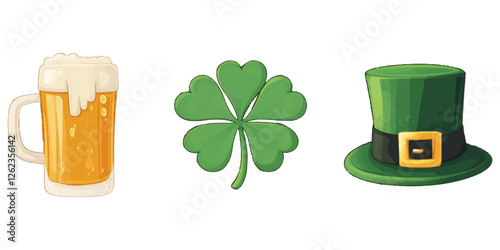 Patrick's Day symbols and elements set, cartoon vector illustration with white background