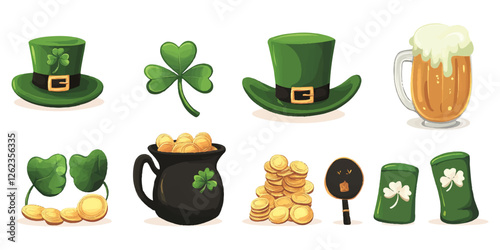 Patrick's Day symbols and elements set, cartoon vector illustration with white background