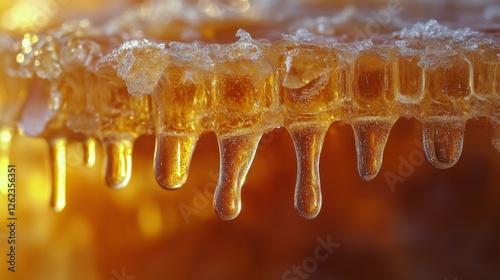 Golden droplets cascading over a vibrant, illuminated surface reflecting warm...