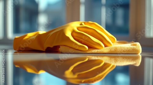 Hand with yellow glove cleaning a surface with a blue cloth in a bright setting