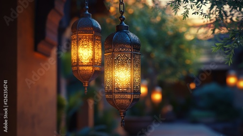 Elegant lanterns illuminate a tranquil outdoor lounge space at dusk