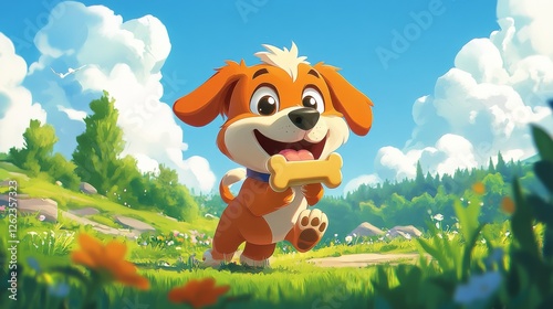 Playful puppy enjoys a sunny day in a vibrant meadow with a bone in its mouth
