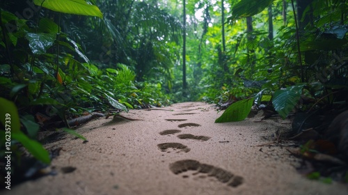 Fototapeta Naklejka Na Ścianę i Meble -  Footprints in the sand along a tranquil jungle path surrounded by lush green foliage