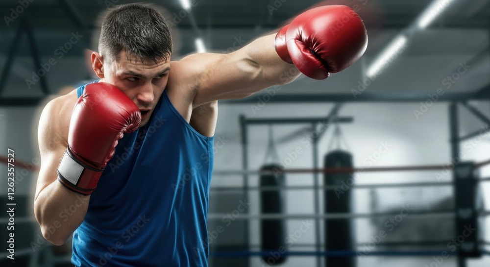Young caucasian male boxer training with punching gloves in gym Young caucasian male boxer training with punching gloves in gym