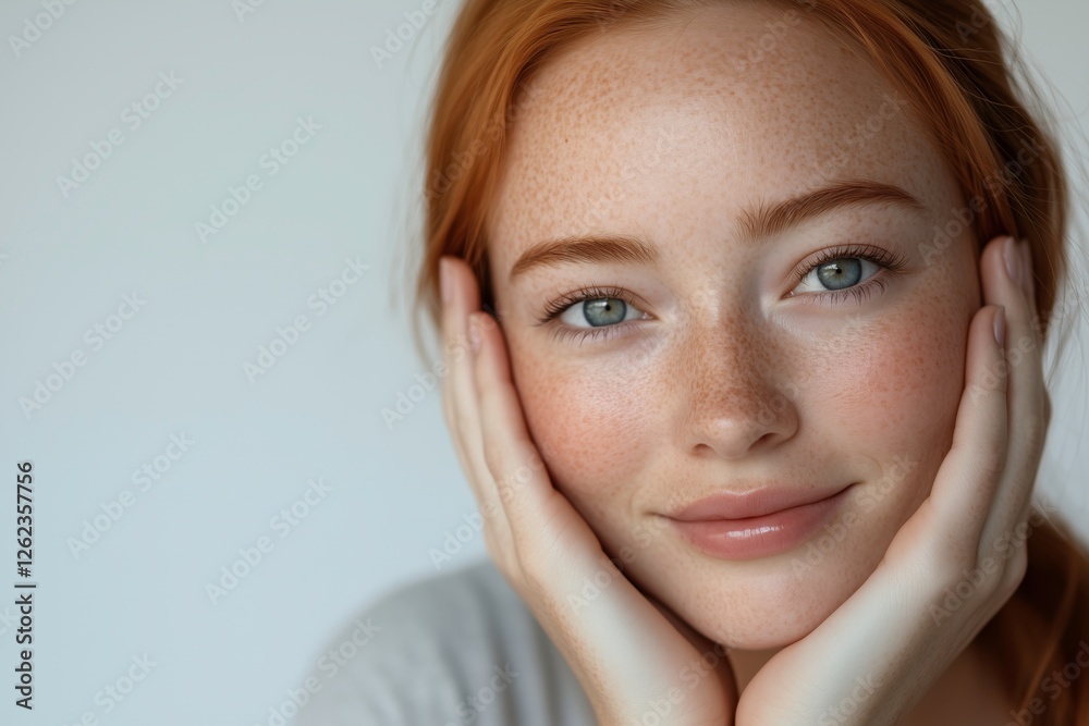 Radiant Beauty: A captivating portrait of a young woman with a warm smile, her natural beauty enhanced by her freckled complexion and captivating blue eyes. The gentle light caresses her face. Radiant Beauty: A captivating portrait of a young woman with a warm smile, her natural beauty enhanced by her freckled complexion and captivating blue eyes. The gentle light caresses her face.