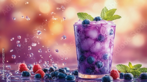 Refreshing berry cocktail garnished with mint leaves on a colorful background