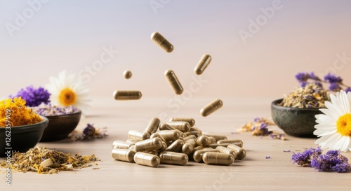 Herbal capsules and dried flowers on wooden surface