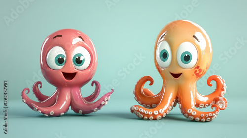 Squid and octopus cartoon characters with funny faces isolated on white background for mascot or fairytale design photo