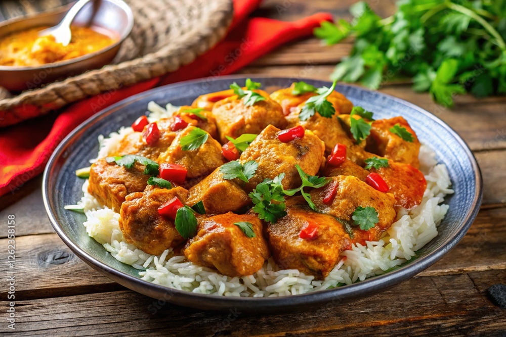Golden basmati rice topped with flavorful chicken curry, a delicious Indian feast. Golden basmati rice topped with flavorful chicken curry, a delicious Indian feast.